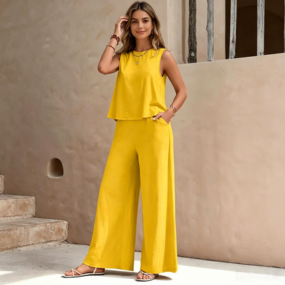 【S-2XL】Elegante traje de dos piezas para mujer en color liso, con chaleco de cuello redondo y pantalón de pierna ancha.