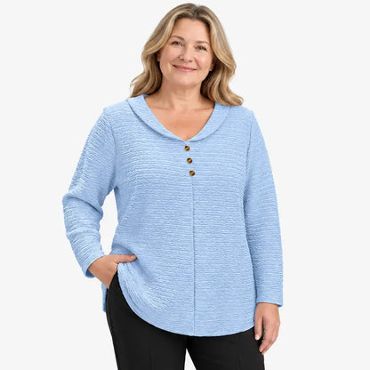 🔥【XL-5XL】🎁💖 Nový dámsky top nadmerných veľkostí so zapínaním na gombíky a v jednofarebnom vyhotovení; vyznačuje sa štruktúrovanou, plisovanou látkou a okrúhlym golierom (typu Peter Pan).