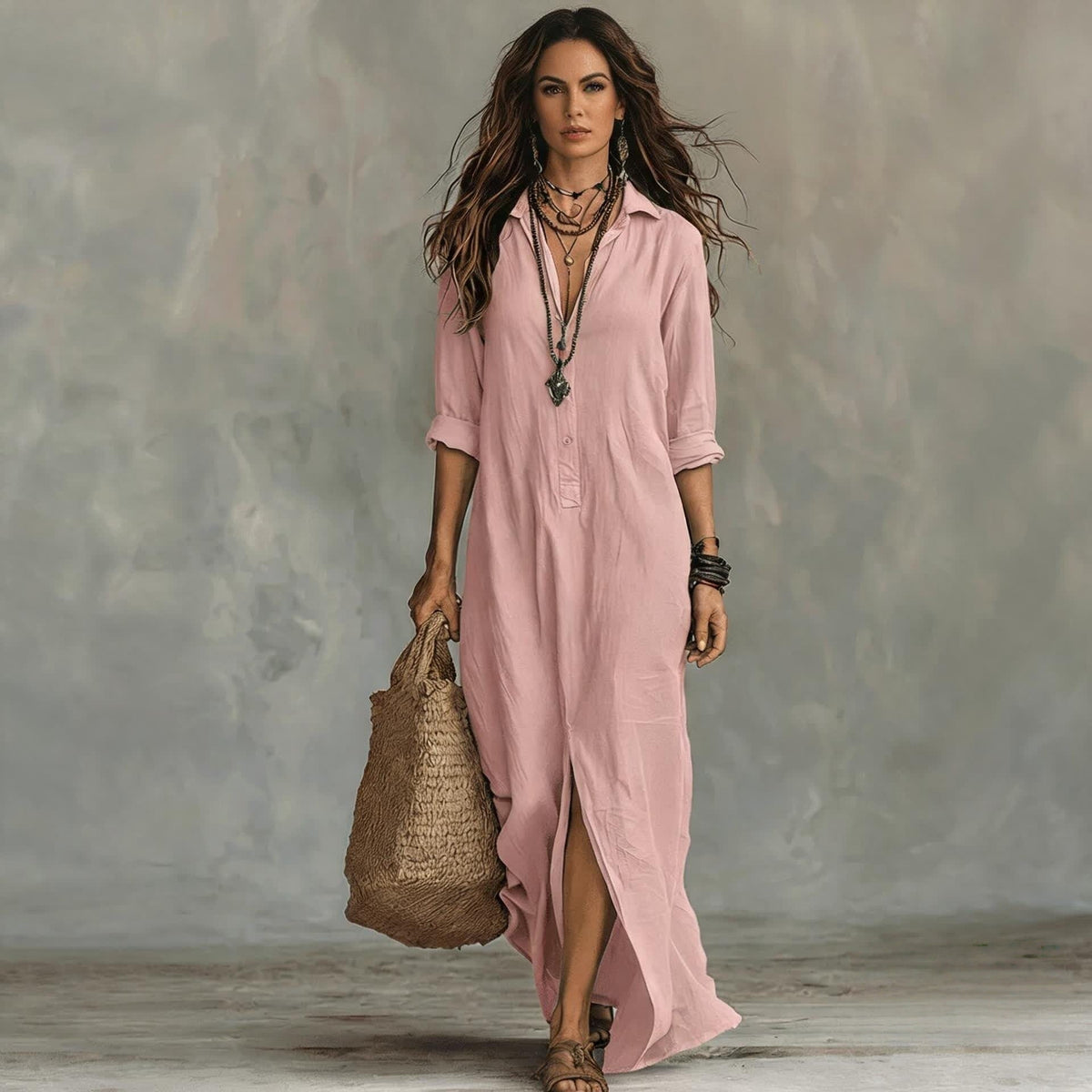 纯新品Lucia | Vestido de Lino y Algodón con Cuello en V y Corte Favorecedor