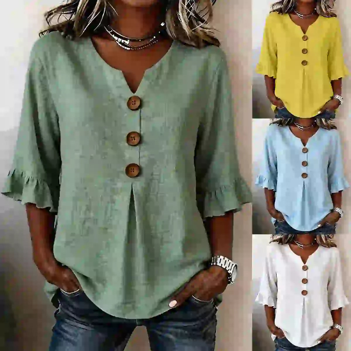🌟🌟【S-3XL】Camiseta de mujer cómoda y transpirable con mangas abullonadas y diseño de cuello en V con botones.