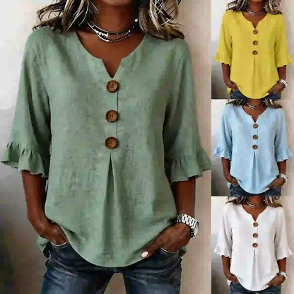 🌟🌟【S-3XL】Camiseta de mujer cómoda y transpirable con mangas abullonadas y diseño de cuello en V con botones.