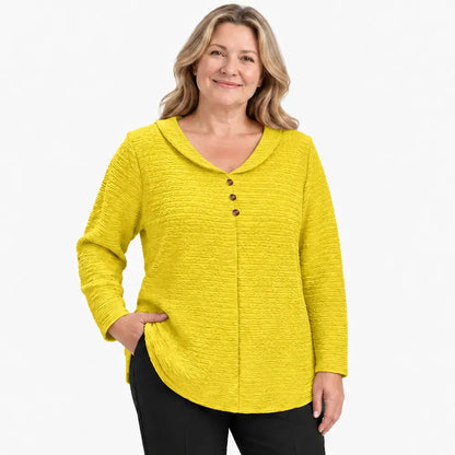 🔥【XL-5XL】🎁💖 Nový dámsky top nadmerných veľkostí so zapínaním na gombíky a v jednofarebnom vyhotovení; vyznačuje sa štruktúrovanou, plisovanou látkou a okrúhlym golierom (typu Peter Pan).