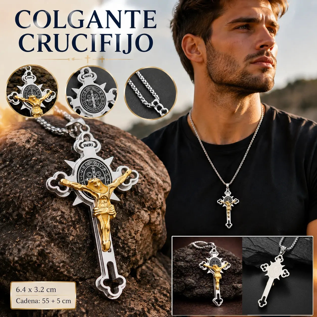 Colgante de cruz estilo vintage – Colgante de San Benito resistente al deslustre con cadena ajustable