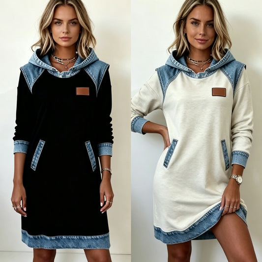 🌷🌞 【S–3XL】 Zimné džínsové patchwork šaty s kapucou · Pohodlné · Štýlové na každý deň · -50% + rýchle doručenie