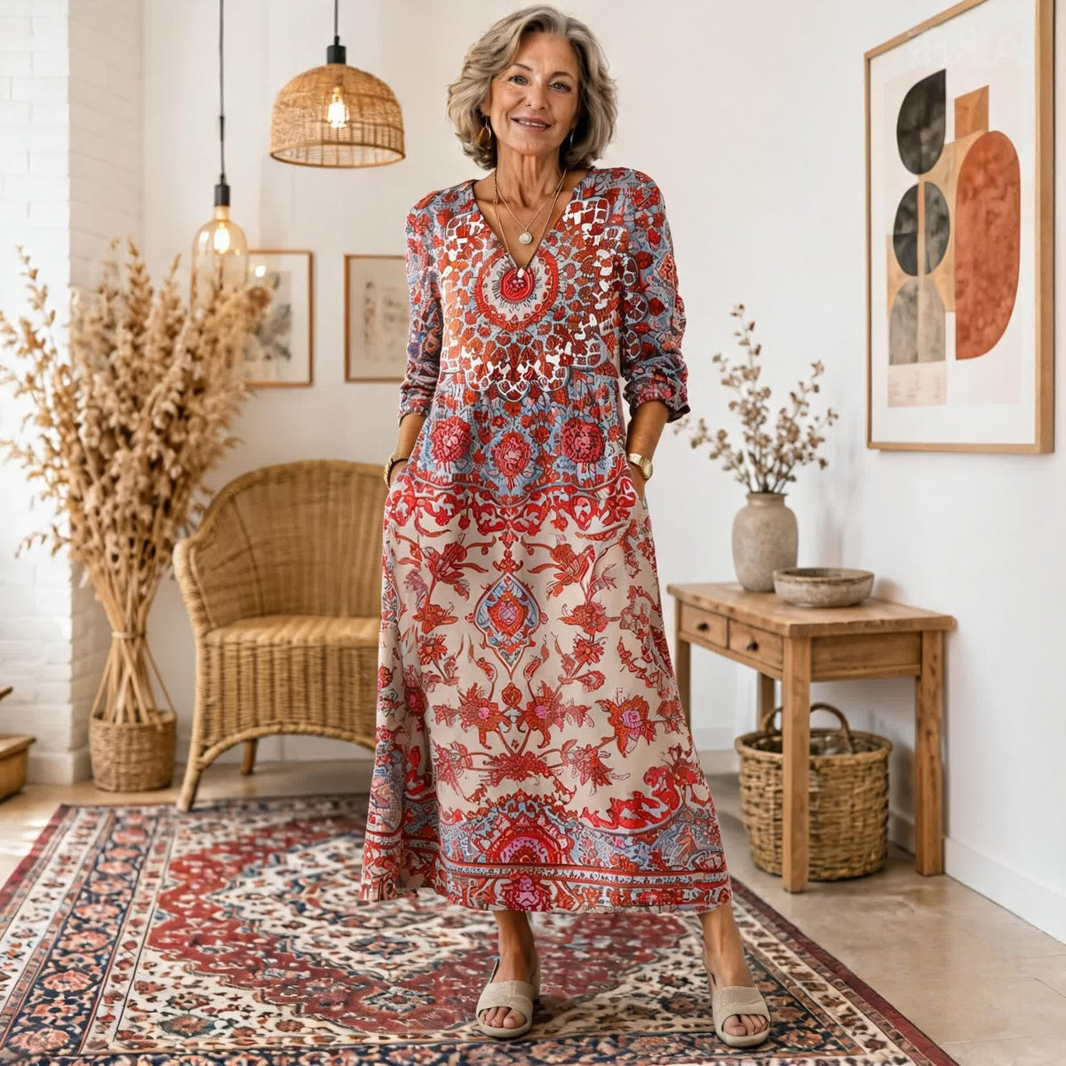 纯新品Manuela | Vestido Maxi Bohemio con Estampado Étnico y Corte Favorecedor