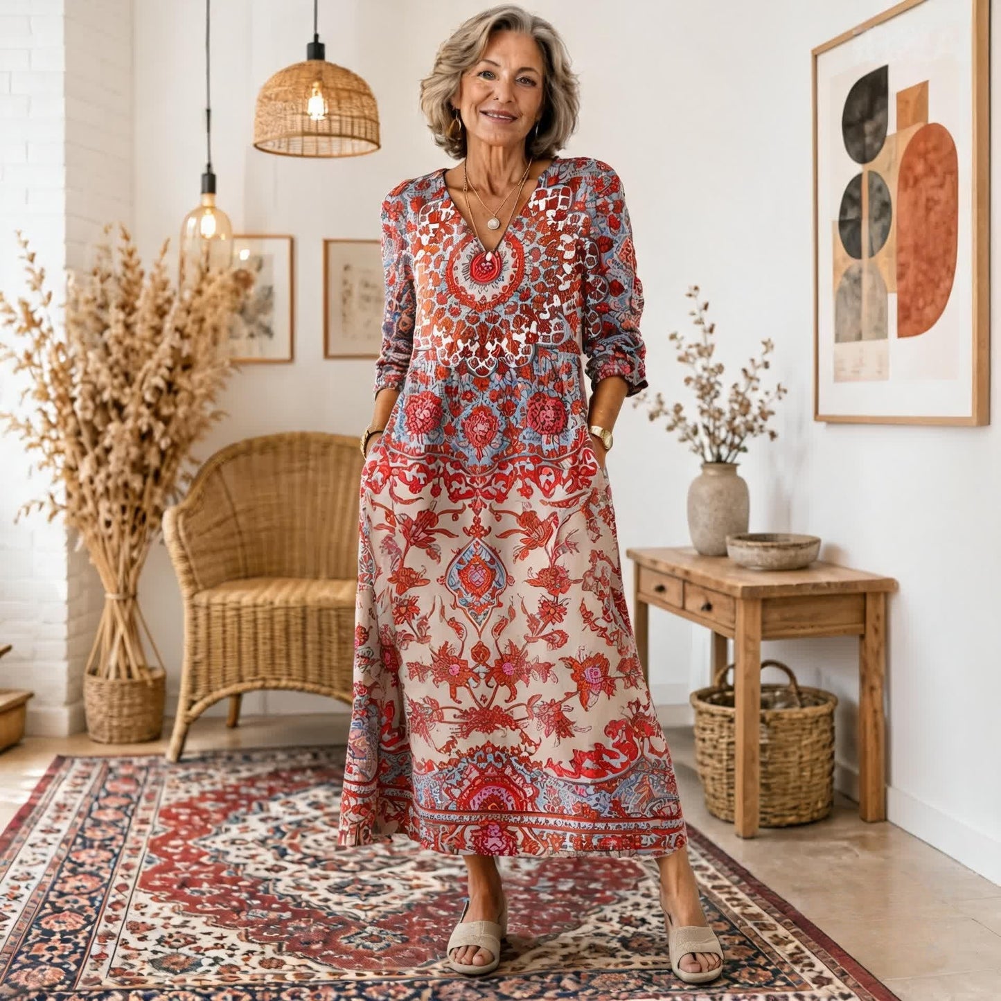 Manuela | Vestido Maxi Bohemio con Estampado Étnico y Corte Favorecedor
