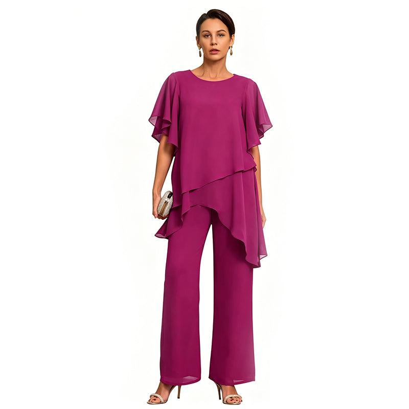【S-3XL】Elegante Conjunto de Chifón: Top Asimétrico με Volantes y Pantalón Ancho – Look Sofisticado para Eventos