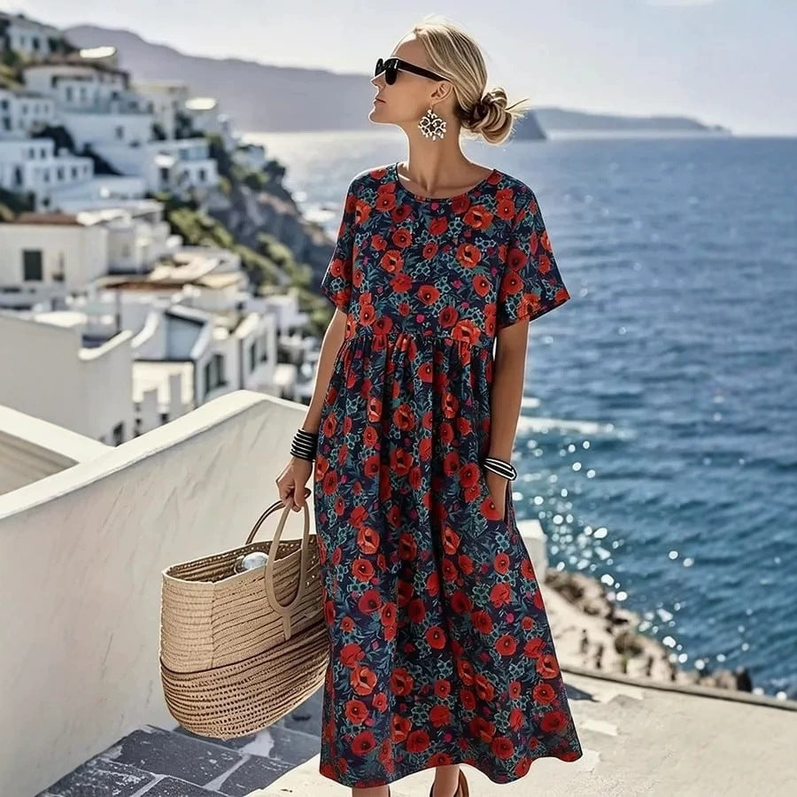 👗【S-4XL】Ležérne potlačené šaty na leto 2026, okrúhly výstrih, s vreckami, platba na dobierku.