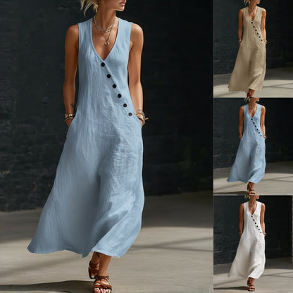✨【S-3XL】Vestido cómodo de algodón y lino para mujer, sin mangas, con botones.