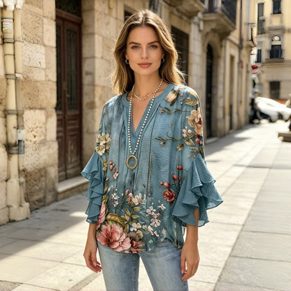【S-5XL】Nueva camiseta informal de mujer con estampado, cuello en V y ribete de flor de loto en la manga.