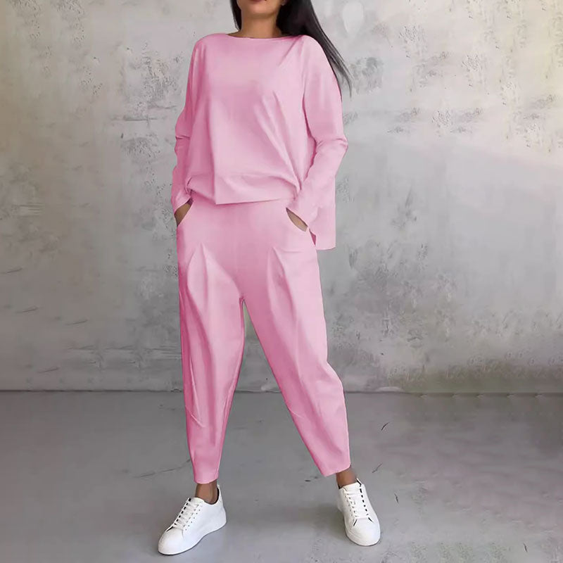 💖【Top + Kalhoty】 Módní dvoudílná souprava, jednobarevné ležérní a trendy dámské oblečení, příjemná látka z čisté bavlny-3895229