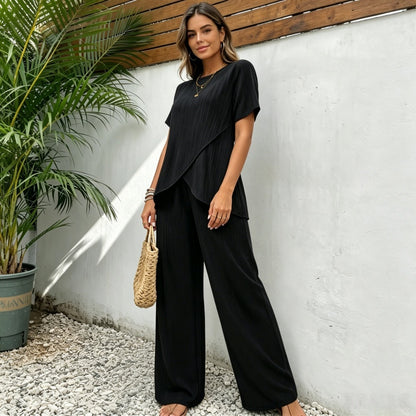 💥【S-3XL】Traje informal holgado de dos piezas estilo europeo y americano de manga corta con cuello redondo, colección de verano 2026.