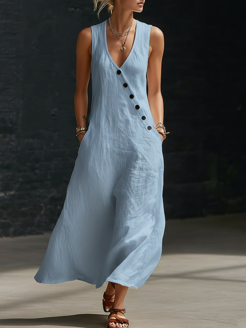 Vestido cómodo de algodón y lino para mujer, sin mangas, con botones.