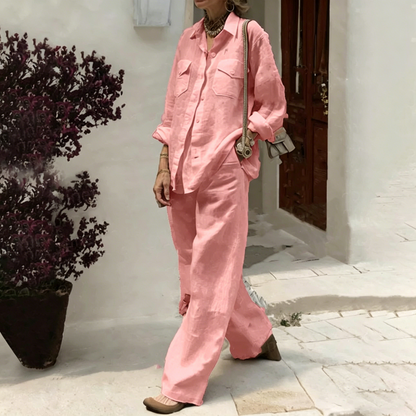 ✨😍【Camiseta + Pantalones】【40-120 kg】Conjunto de dos piezas para mujer, corte holgado, mezcla de algodón y lino, tejido transpirable ✅️Pago contra reembolso