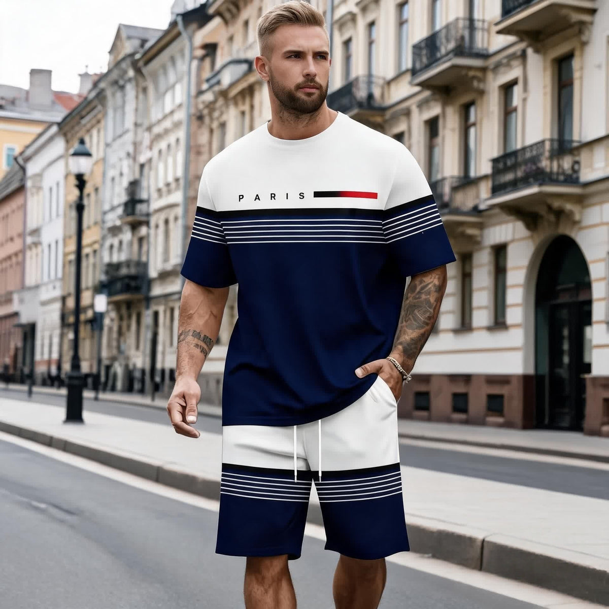 纯新品【S-5XL】Conjunto informal y cómodo de camisa de manga corta y pantalón corto con estampado de letras para hombre.