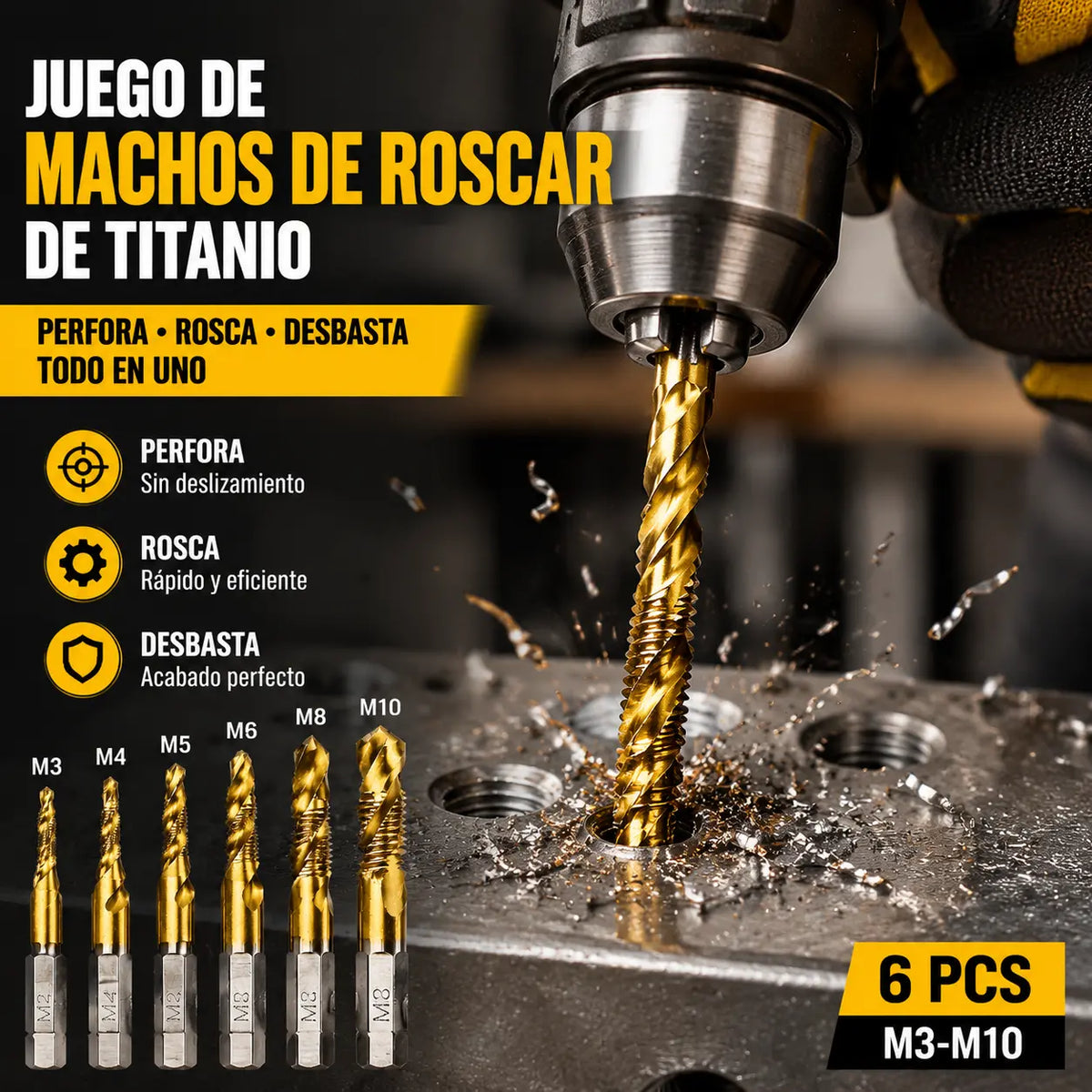 🛠️🔧(6 piezas)Broca helicoidal de acero de alta velocidad con revestimiento de titanio 2 en 1 – Vástago hexagonal, adecuada para taladrar y ranurar madera y metal🔩