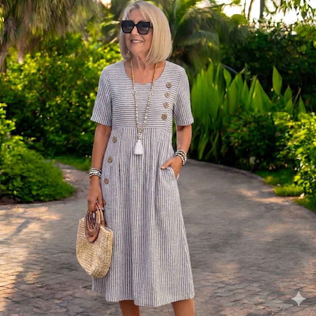 💖👗【S-2XL】Julia – Ľahké a splývavé pruhované midi šaty - zvislé pruhy opticky predlžujú siluetu a vytvárajú elegantnejší vzhľad.