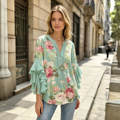 【S-5XL】Nueva camiseta informal de mujer con estampado, cuello en V y ribete de flor de loto en la manga.