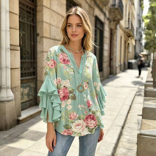 【S-5XL】Nueva camiseta informal de mujer con estampado, cuello en V y ribete de flor de loto en la manga.