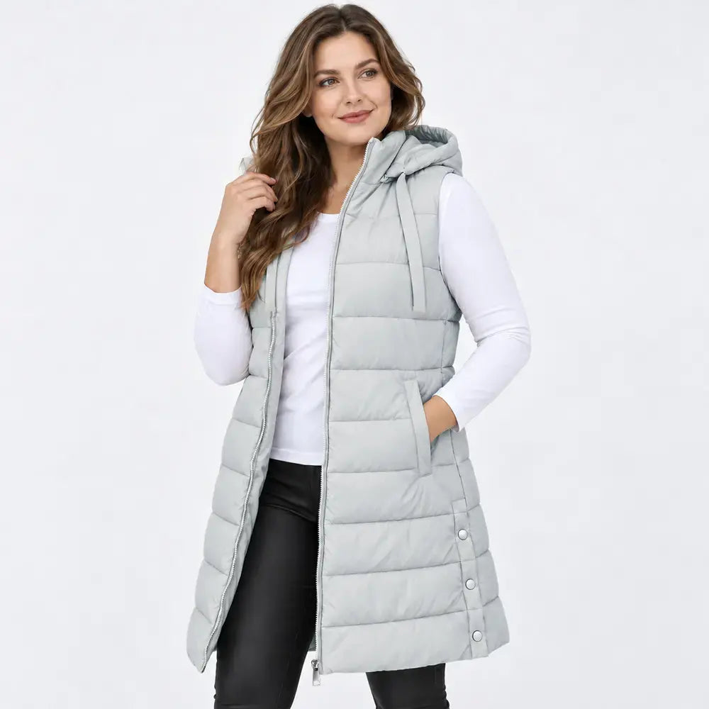 🧥✨【S–5XL】Hladká zateplená vesta s kapucňou a zipsom – prešívaná stredná dĺžka na vrstvenie.