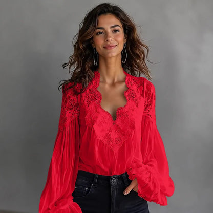 【S-3XL】Blusa de encaje con diseño de paneles y cuello en V