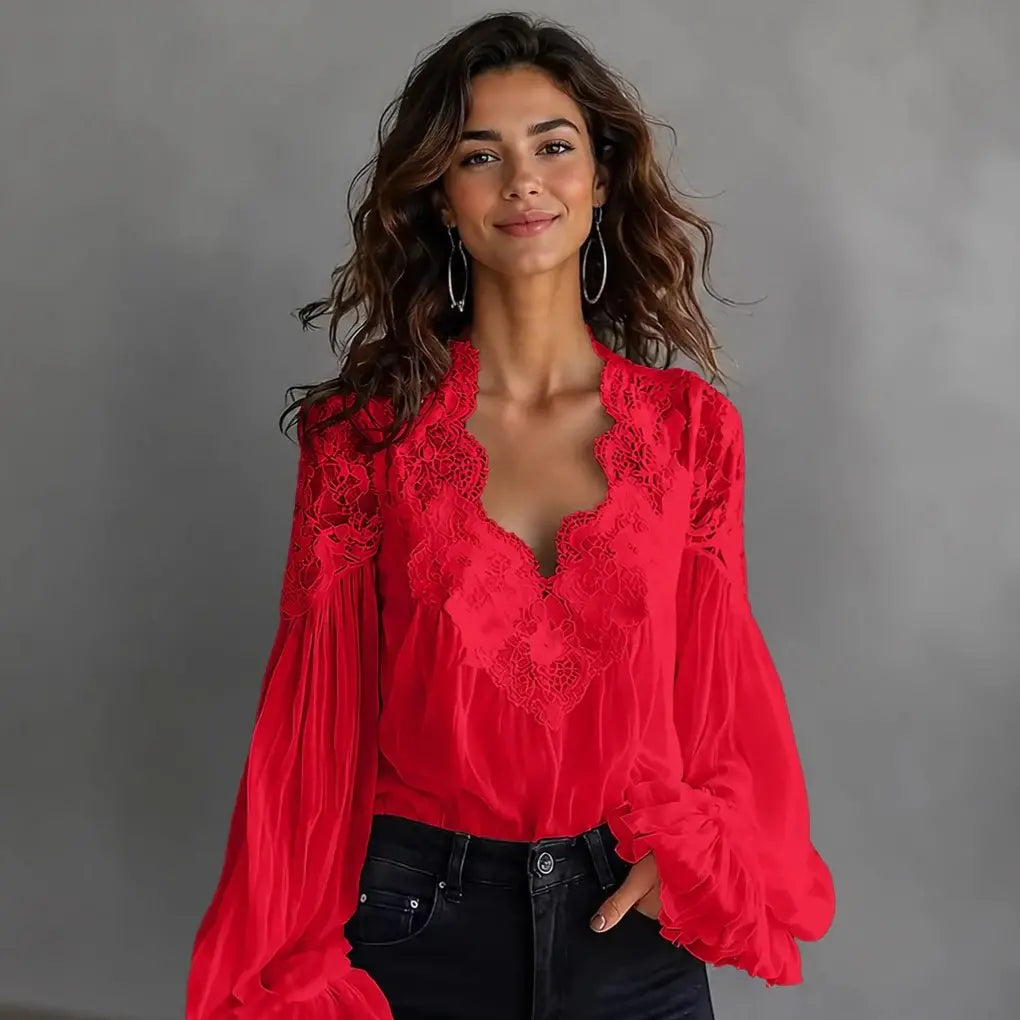 【S-3XL】Blusa de encaje con diseño de paneles y cuello en V