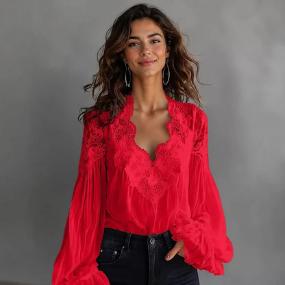【S-3XL】Blusa de encaje con diseño de paneles y cuello en V