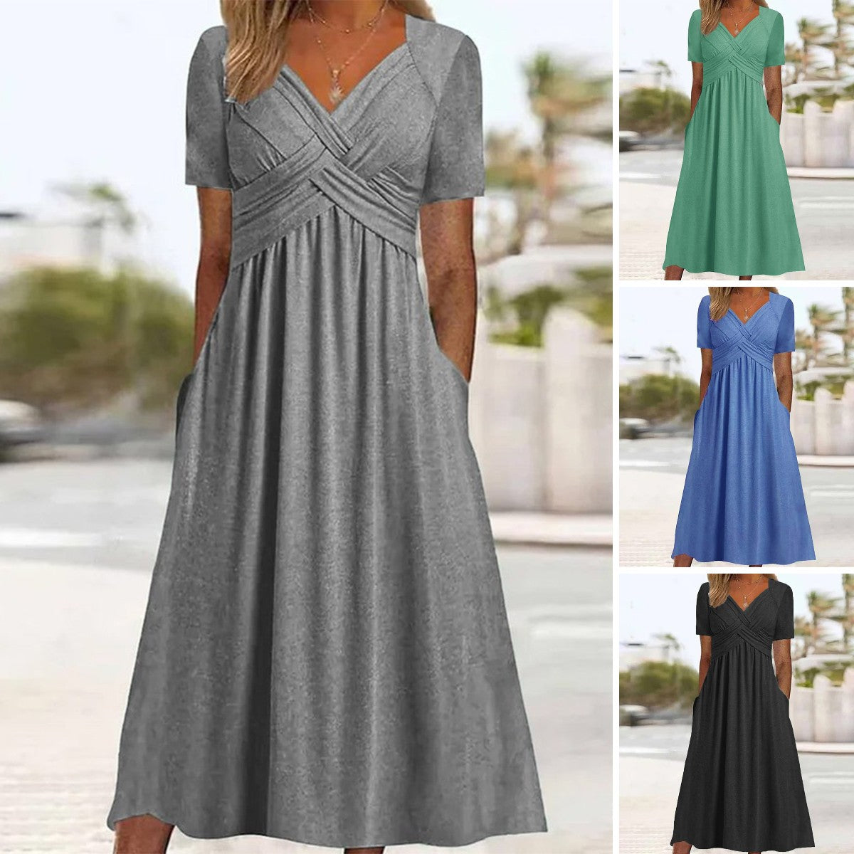 2026 Vestido casual midi de color sólido Nuevo vestido suelto de manga corta de verano.