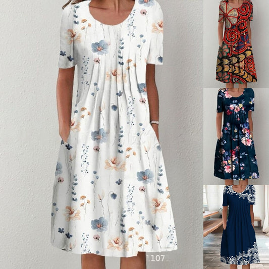 Vestido moderno con escote redondo y estampado.