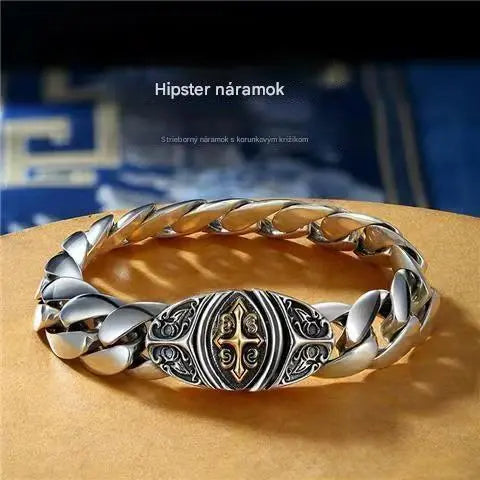 【50% off】✨【Vyrobené z čistého striebra】🔥Vintage pánsky náramok so vzorom šťastia, v mestskom punkovom štýle, ručne vyrobený pre jedinečný vzhľad