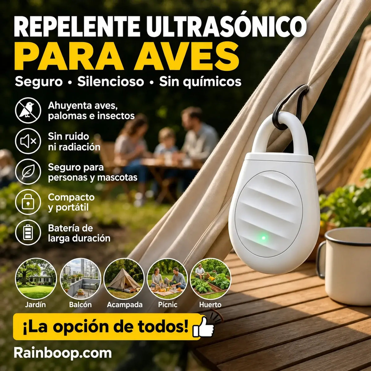 🐦 Repelente de pájaros ultrasónico portátil | Ahuyentador automático para palomas, ideal para balcones, jardines y exteriores