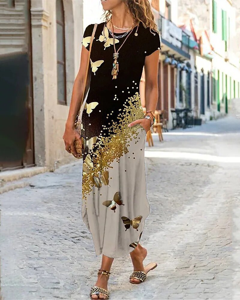 🌸【S-3XL】Nové jarní 2025 dámské stylové elegantní dlouhé šaty s potiskem -- 3937036