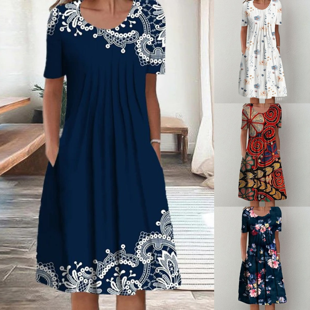 Vestido moderno con escote redondo y estampado.