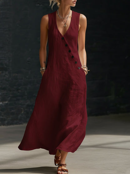Vestido cómodo de algodón y lino para mujer, sin mangas, con botones.
