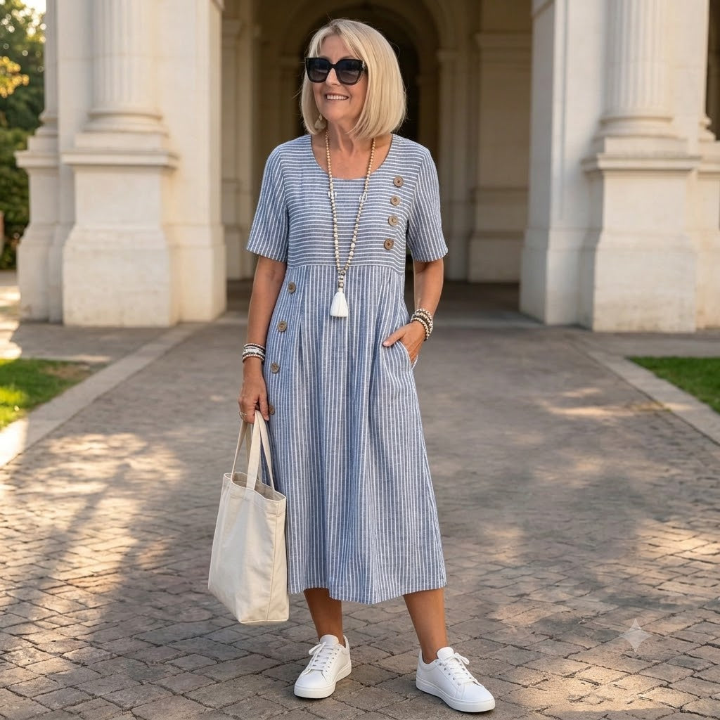 💖👗【S-2XL】Julia – Ľahké a splývavé pruhované midi šaty - zvislé pruhy opticky predlžujú siluetu a vytvárajú elegantnejší vzhľad.