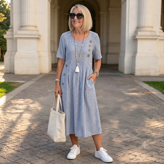 💖👗【S-2XL】Julia – Ľahké a splývavé pruhované midi šaty - zvislé pruhy opticky predlžujú siluetu a vytvárajú elegantnejší vzhľad.