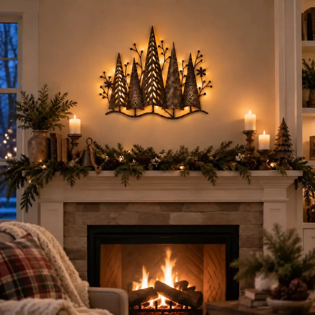 🎄🕯️ Podsvietená kovová nástenná dekorácia s lesným motívom a vintage inšpiráciou 🌙