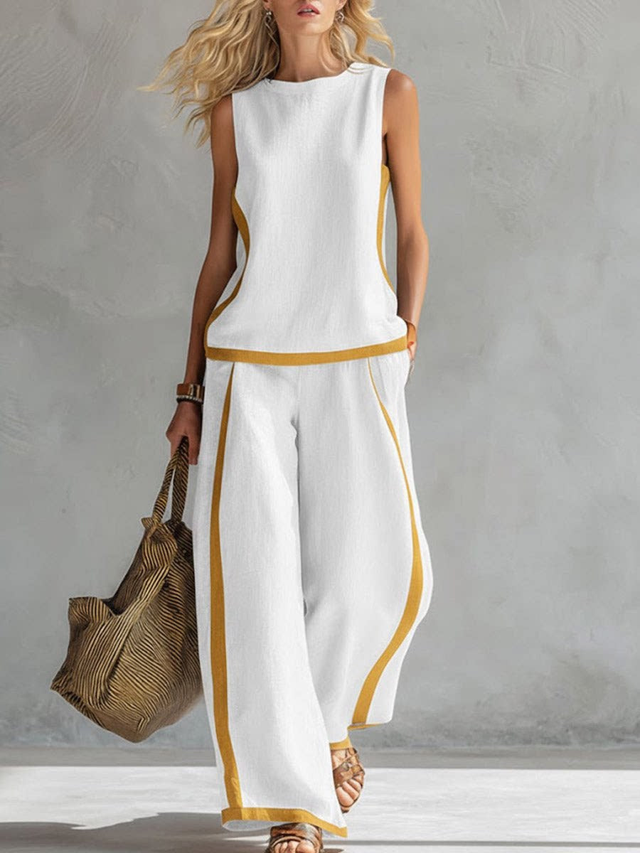 2026 Nuevo conjunto moderno de dos piezas para mujer: top sin mangas con detalles en contraste y pantalones de pierna ancha - Estilo veraniego, casual y chic.