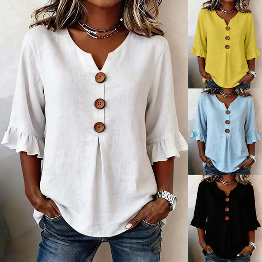 Camiseta de mujer cómoda y transpirable con mangas abullonadas y diseño de cuello en V con botones.