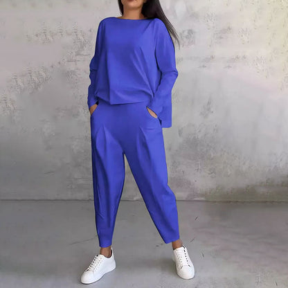 💖【Top + Kalhoty】 Módní dvoudílná souprava, jednobarevné ležérní a trendy dámské oblečení, příjemná látka z čisté bavlny-3895229