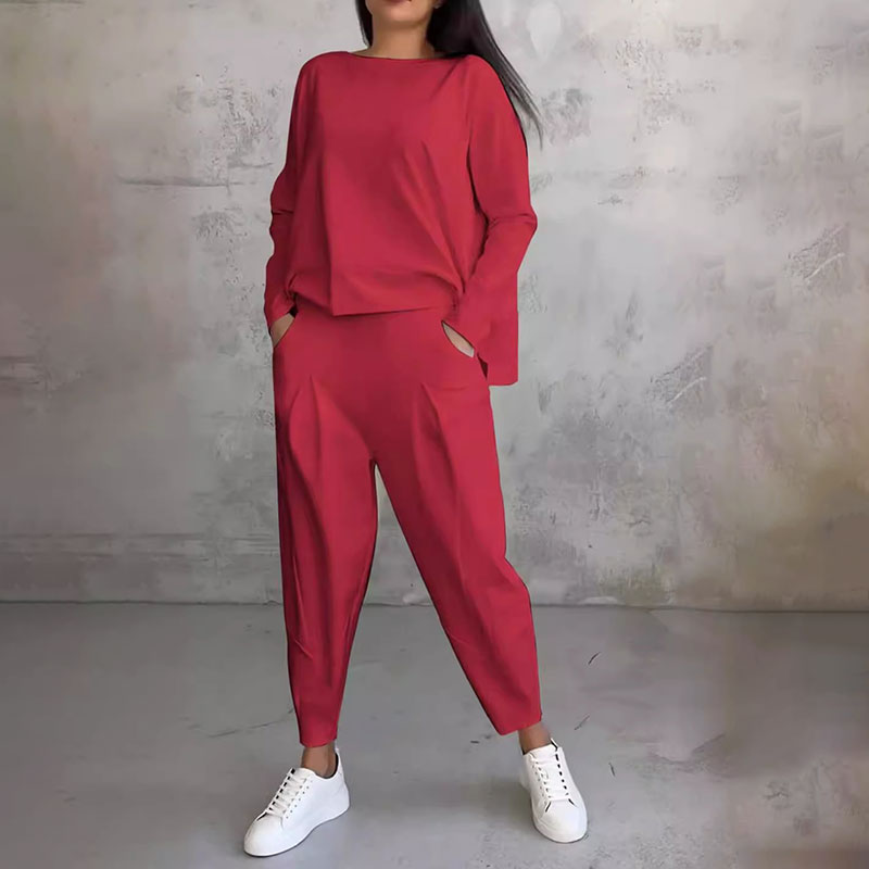💖【Top + Kalhoty】 Módní dvoudílná souprava, jednobarevné ležérní a trendy dámské oblečení, příjemná látka z čisté bavlny-3895229