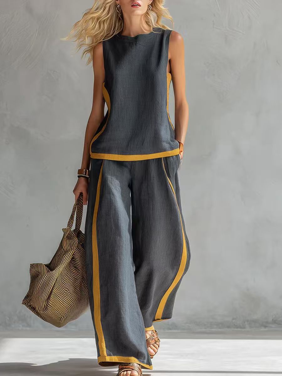 2026 Nuevo conjunto moderno de dos piezas para mujer: top sin mangas con detalles en contraste y pantalones de pierna ancha - Estilo veraniego, casual y chic.