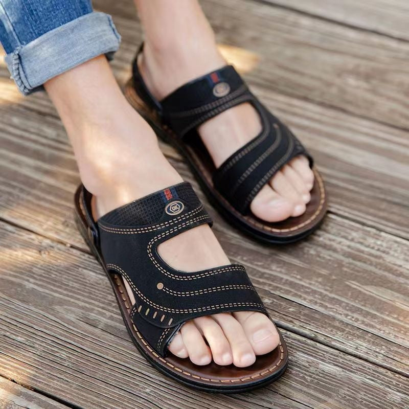 🐂【39-45】Nuevas sandalias de playa de cuero con suela gruesa para hombre - correa trasera ajustable para un ajuste seguro y cómodo.