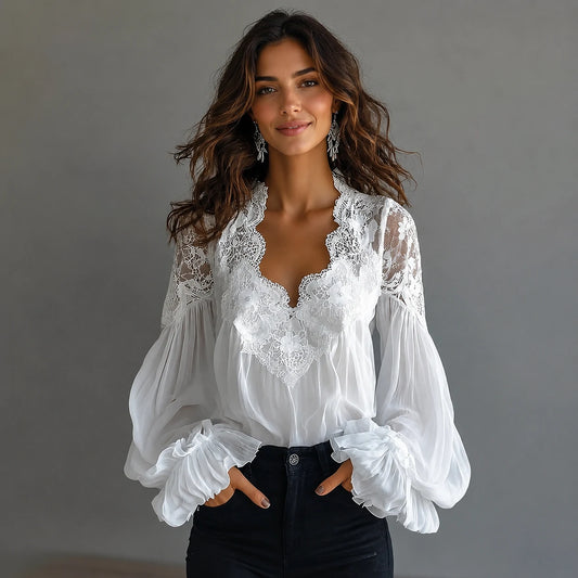 【S-3XL】Blusa de encaje con diseño de paneles y cuello en V