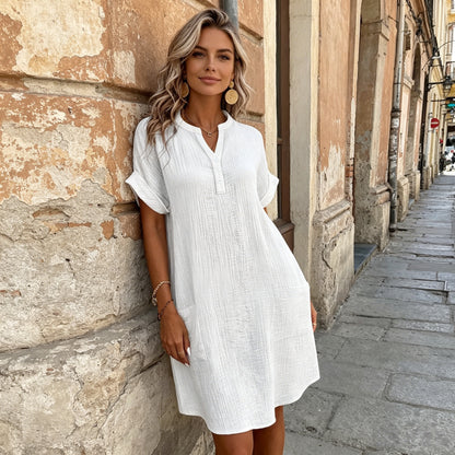 🎁 50% de descuento 🔥【40-90 kg】Vestido de viaje de manga corta para mujer de algodón y lino - ligero y transpirable ✅️Pago contra entrega