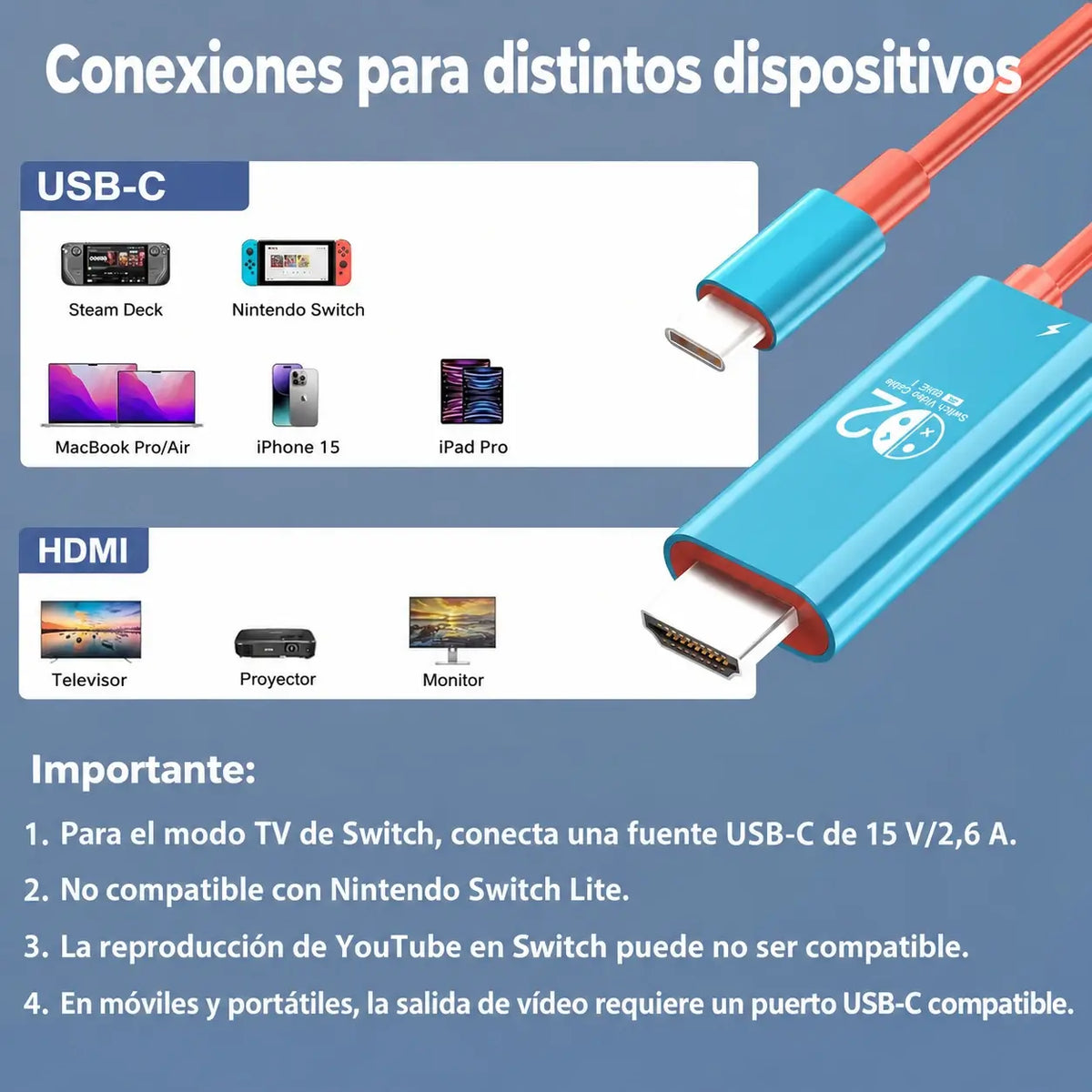 🔥 ¡OFERTA LIMITADA: 50 % de descuento! 🔥 Cable adaptador USB-C a HDMI compatible con Nintendo Switch