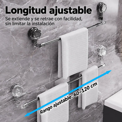 ✨Barra de toalla con ventosa ajustable: no requiere perforar, no daña y tiene un agarre cómodo.