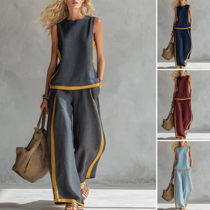 2026 Nuevo conjunto moderno de dos piezas para mujer: top sin mangas con detalles en contraste y pantalones de pierna ancha - Estilo veraniego, casual y chic.