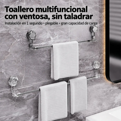 ✨Barra de toalla con ventosa ajustable: no requiere perforar, no daña y tiene un agarre cómodo.