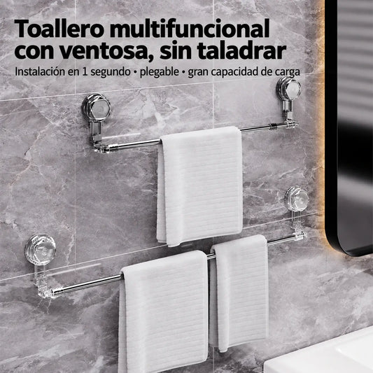 ✨Barra de toalla con ventosa ajustable: no requiere perforar, no daña y tiene un agarre cómodo.
